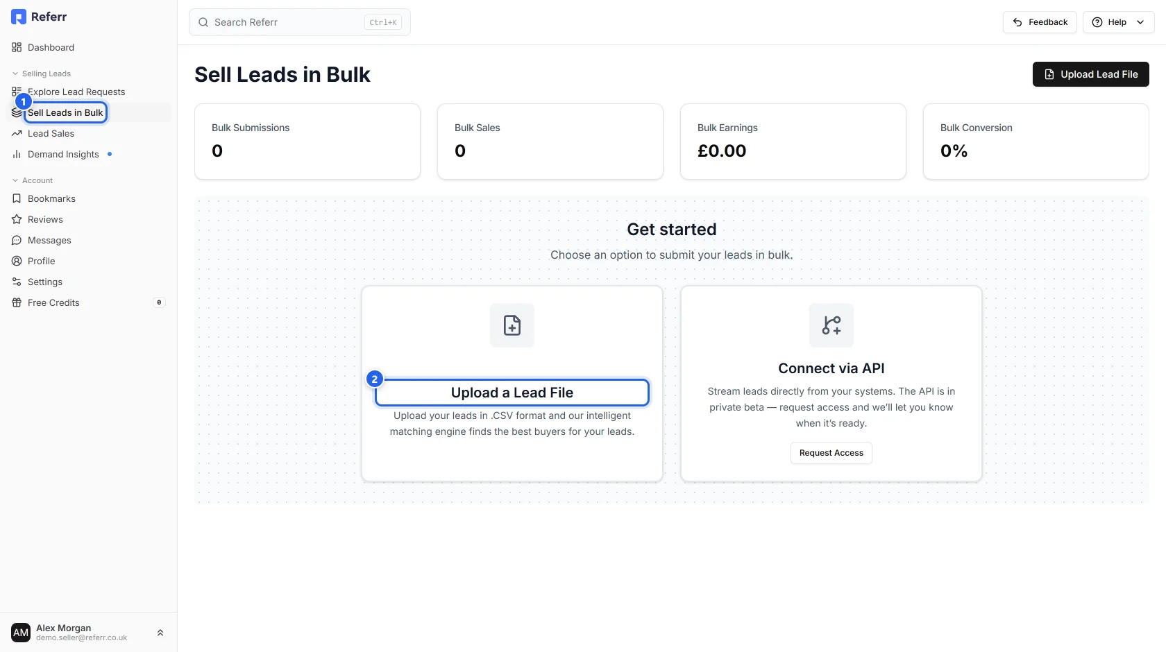 The Sell Leads in Bulk page, with the sidebar link and the Upload a Lead File option highlighted