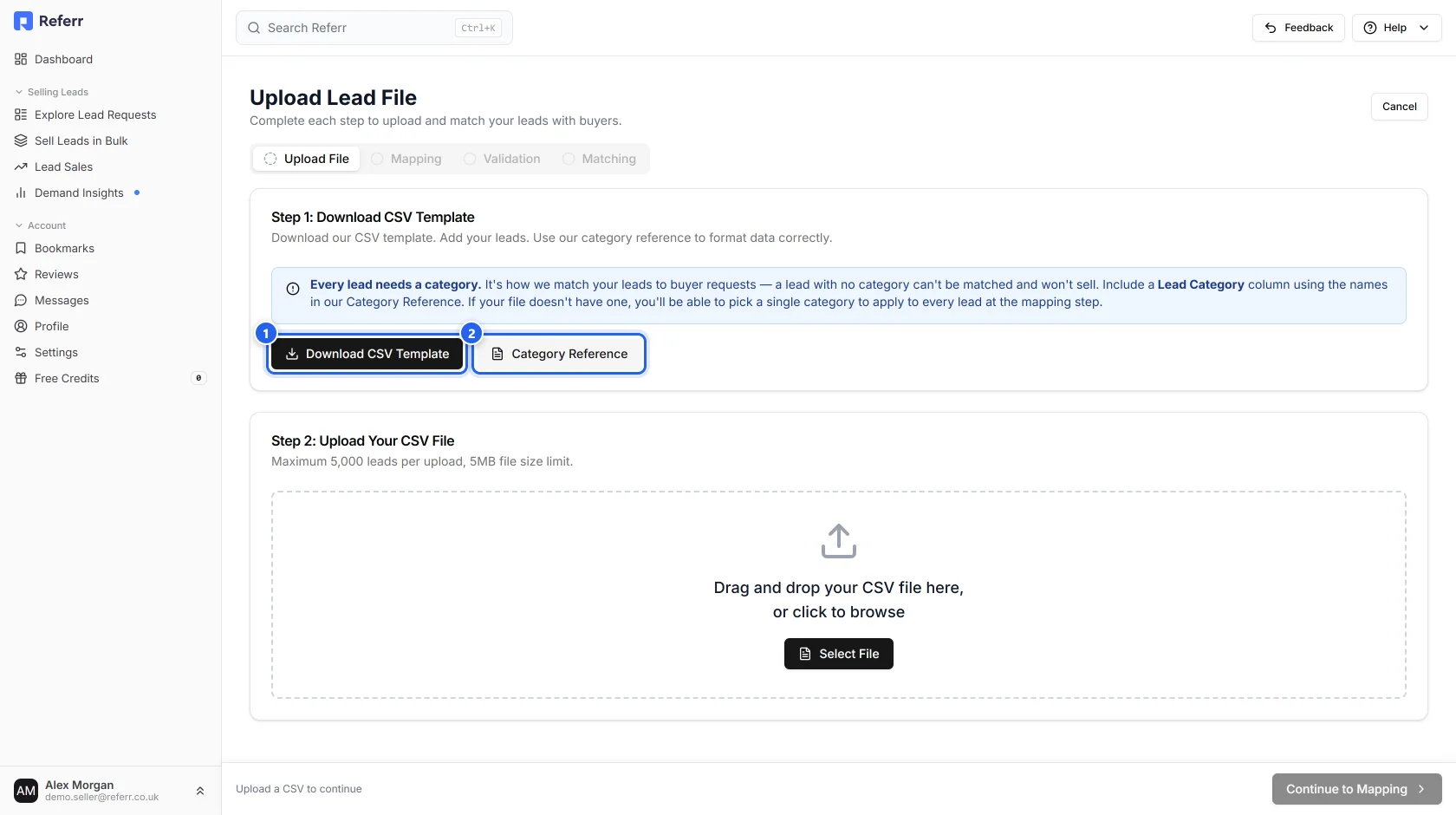 Step 1 of the upload wizard, with the Download CSV Template and Category Reference buttons highlighted