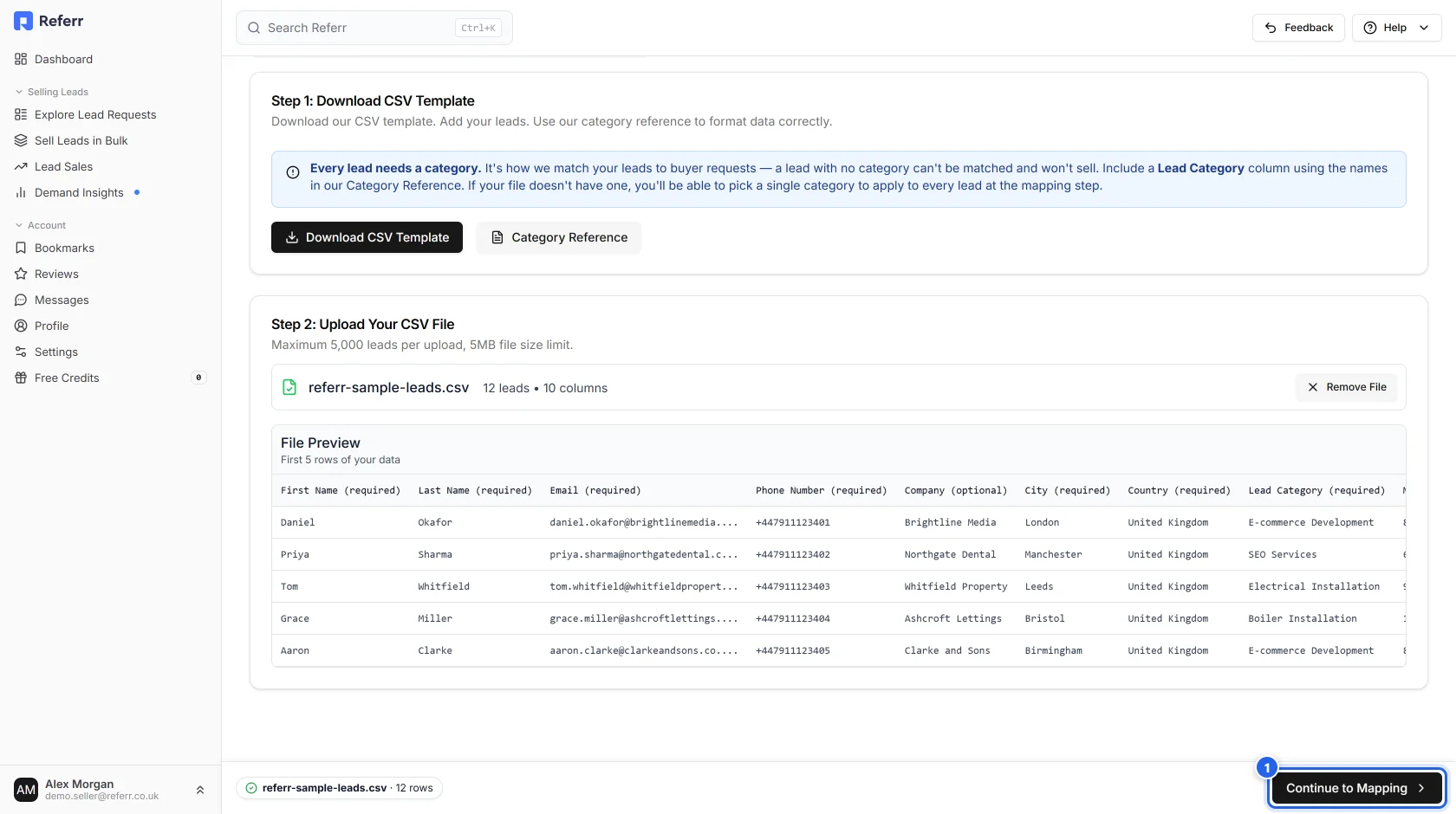 The uploaded file showing 12 leads and 10 columns, with a preview of the first five rows