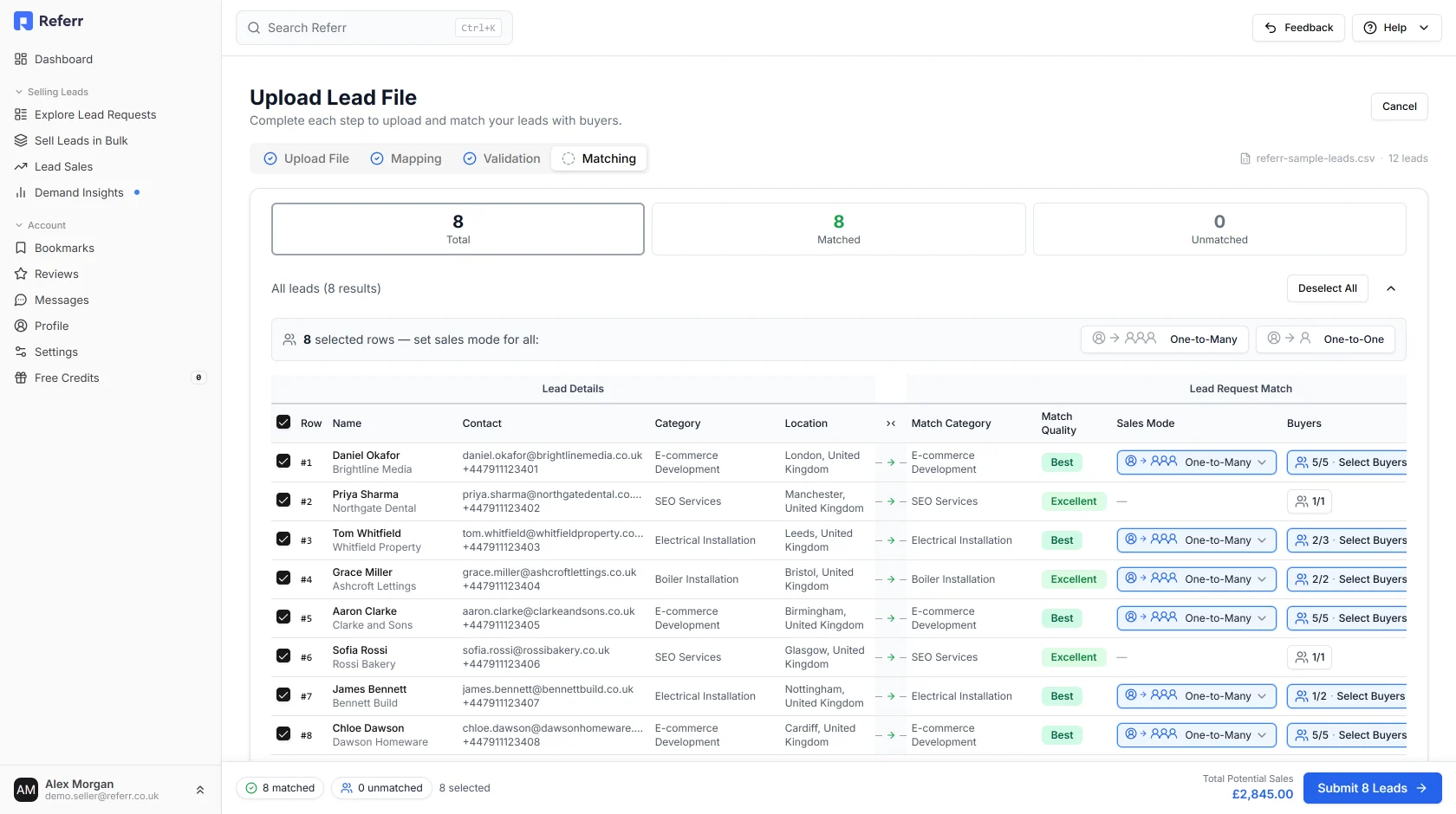 Matching results showing 8 leads, all 8 matched, each row listing its matched category, match quality and buyers