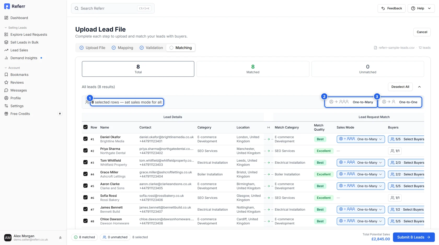 The matching table with the bulk action bar highlighted, showing the One-to-Many and One-to-One sales mode buttons
