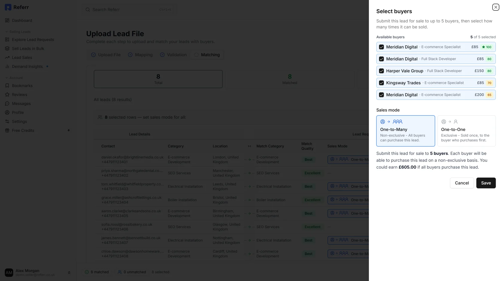 The Select buyers panel listing available buyers with their price and match score, and the One-to-Many and One-to-One sales mode choices