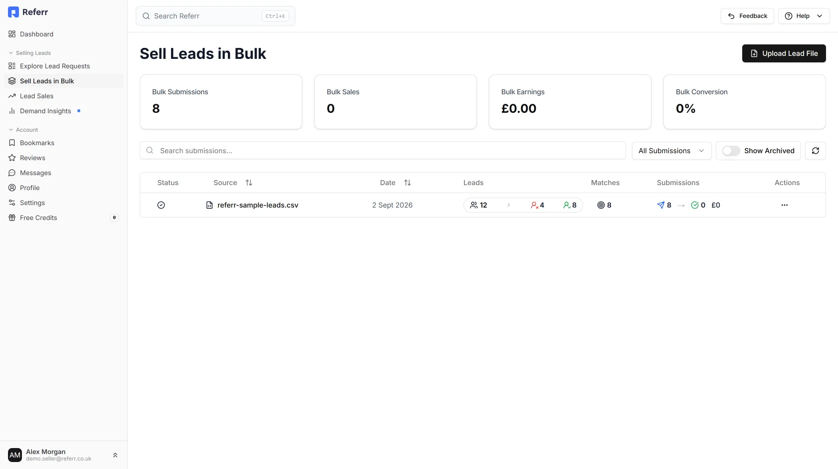 The Sell Leads in Bulk page listing the completed upload with its lead, match and submission counts