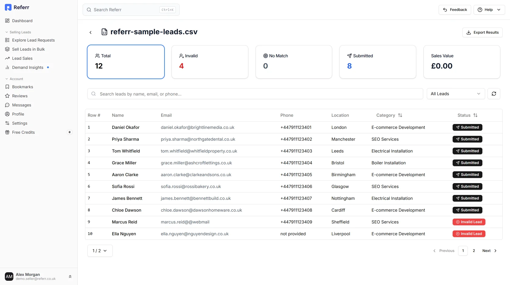 The submission detail page showing totals for invalid, no-match and submitted leads, and a table of every lead with its status